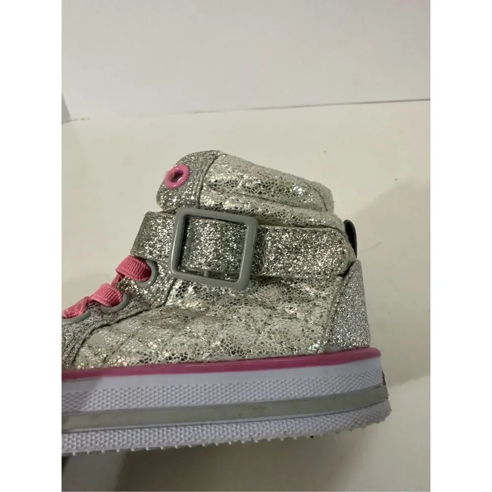 Skechers Twinkle Toes Silver and Pink Toddler High Top Shoes | Toddler Size 2